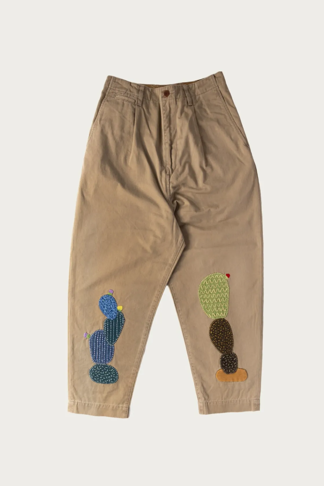 Pants<Kapital Chino High Waisted NIME Pants (CACTUS Embroidery) - Beige