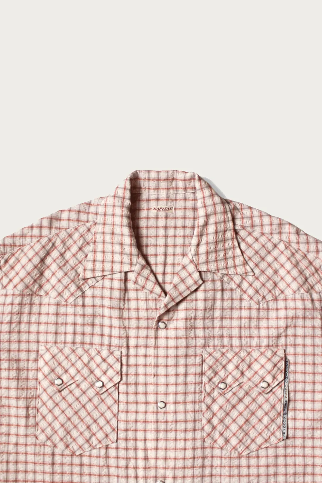 Shirts<Kapital Cotton Linen Seersucker Check Open-Collar Western BIG Shirt - Red