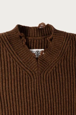Sweaters<MM6 Maison Margiela Distressed V-Neck Sweater - Brown