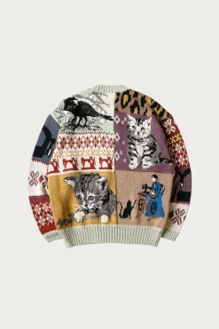 Sweaters<Kapital 5G Cotton Knit Patchwork BIG Crew Sweater(Cat&Raven) - Mint