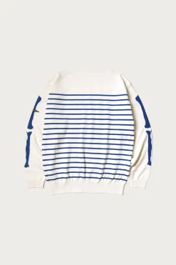 Sweaters<Kapital 12G Panel Stripe Knit Boat-Neck Sweater (BONE Sleeve) - Navy Blue