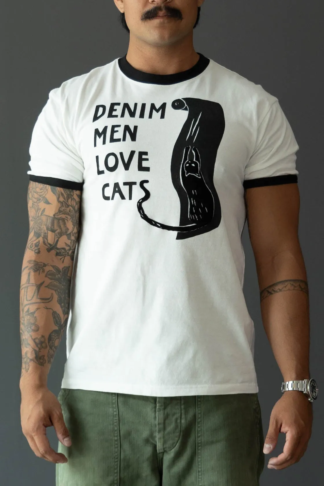 Shirts<Kapital 20/-Jersey Ringer T (DENIM MEN LOVE CATS SCRATCH) - White