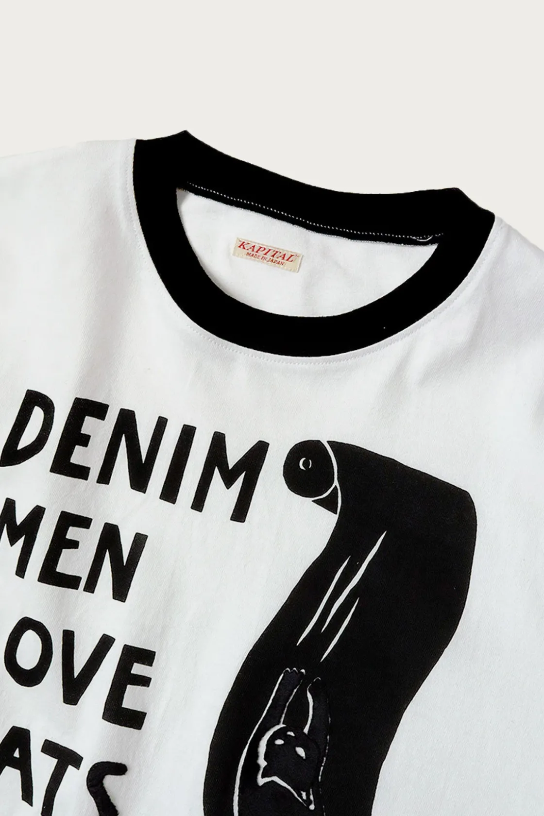 Shirts<Kapital 20/-Jersey Ringer T (DENIM MEN LOVE CATS SCRATCH) - White