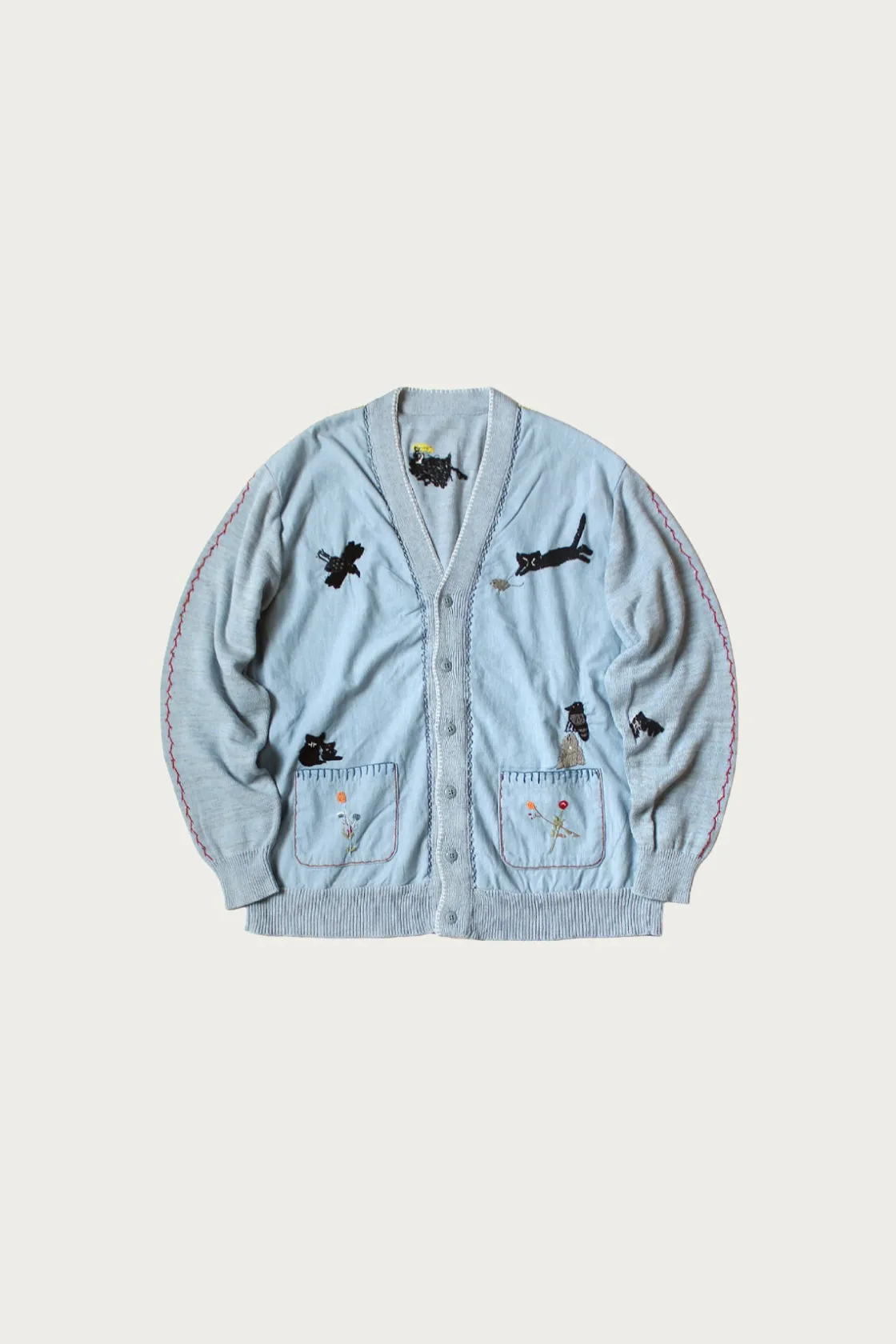 Sweaters<Kapital Knit x Chambray Cardigan (Raven & Cat Embroidery) - Sax