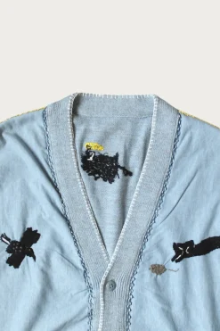 Sweaters<Kapital Knit x Chambray Cardigan (Raven & Cat Embroidery) - Sax