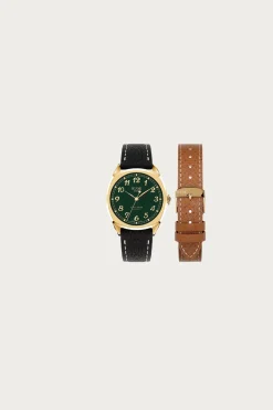 Accessories<Kuoe Watches Royal Smith 90-008 - Green Dial/Gold Case/Black Pebbled Leather Strap + Extra Brown Strap