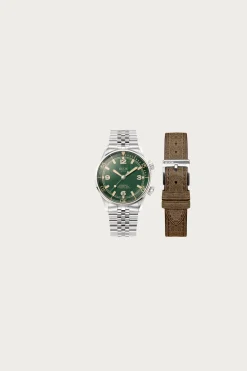 Accessories<Kuoe Watches Sombrero 90-011 - Green Linen Textured Dial/Stainless Bracelet + Extra Leather Strap