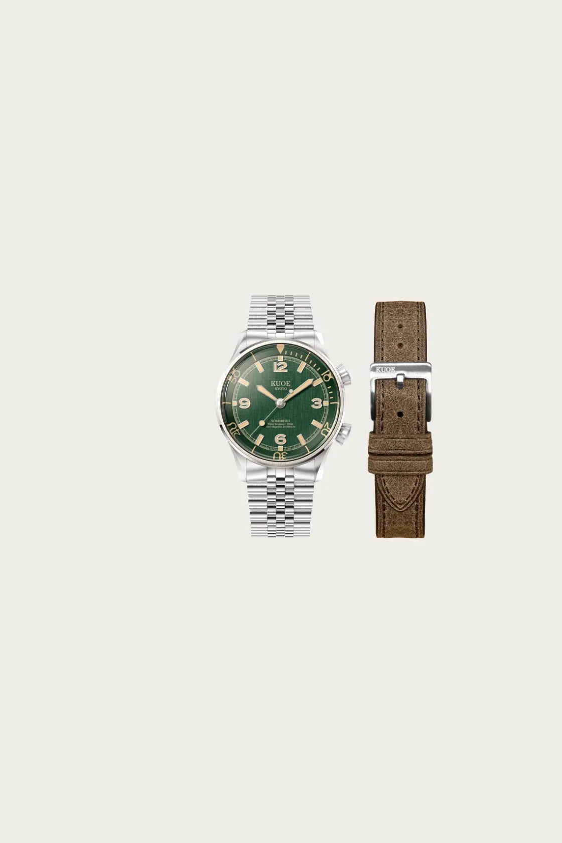 Accessories<Kuoe Watches Sombrero 90-011 - Green Linen Textured Dial/Stainless Bracelet + Extra Leather Strap