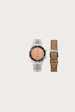 Accessories<Kuoe Watches Sombrero 90-011 - Salmon Pink Linen Textured Dial/Stainless Bracelet + Extra Leather Strap